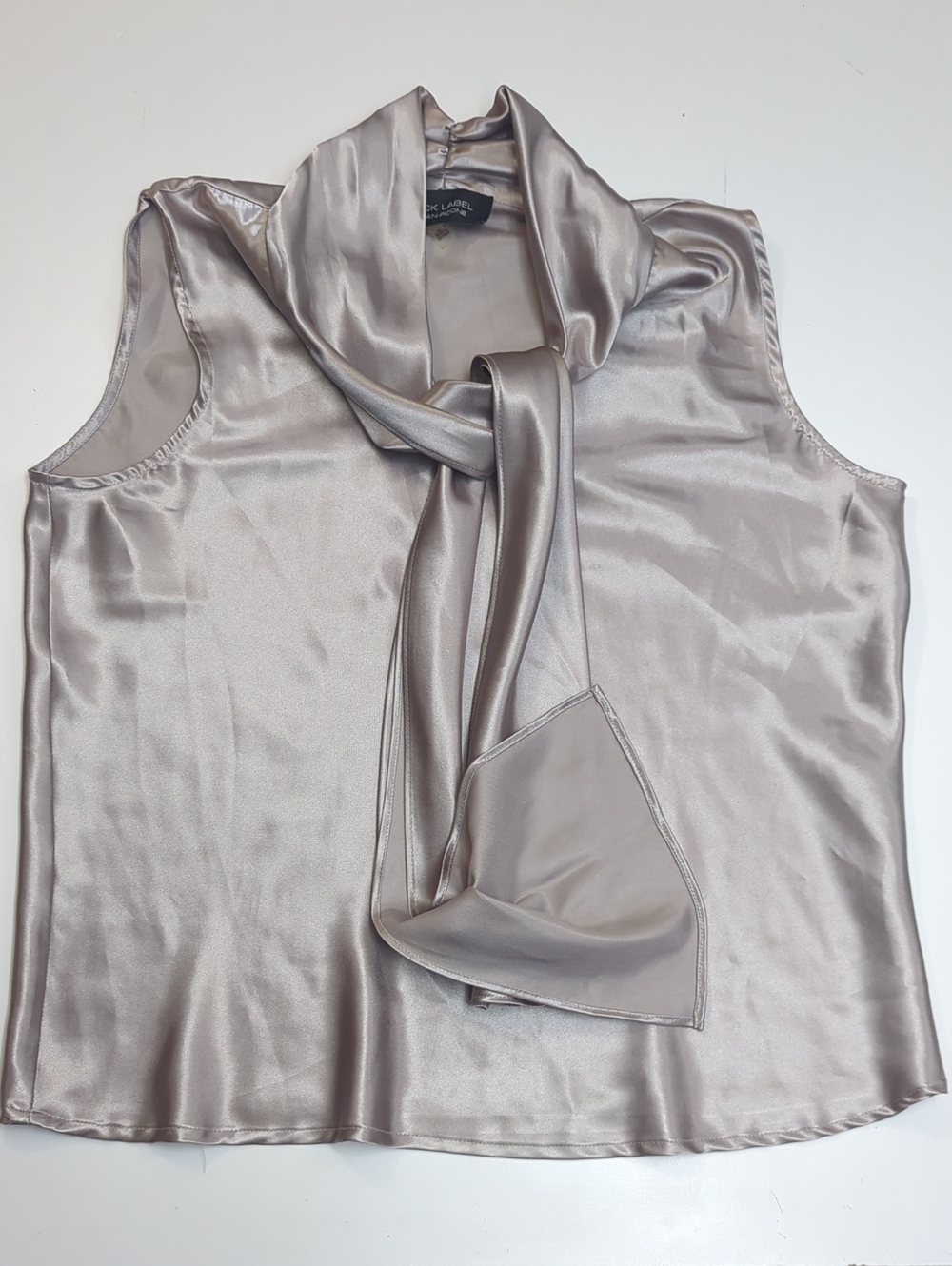 Black Label by Evan-Picone Satin Tie Neck Sleeveless Blouse Taupe Size M